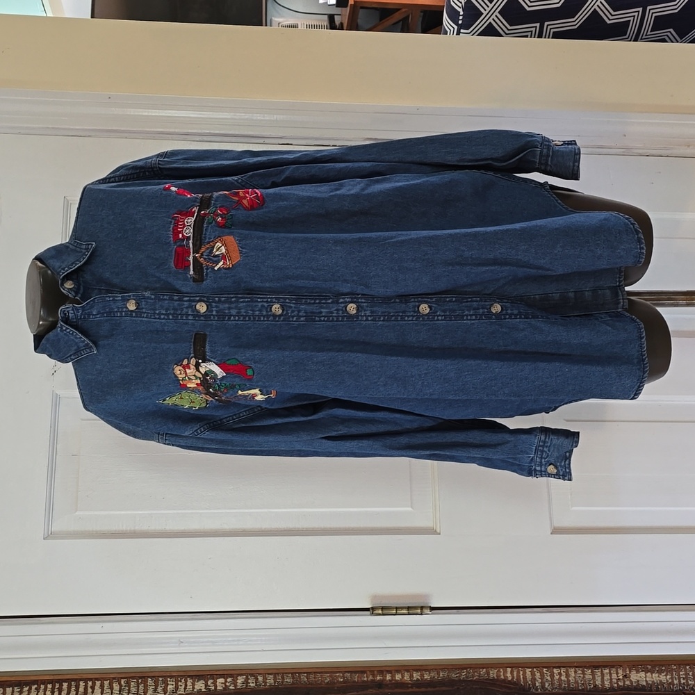Denim Button Down CHRISTMAS Shirt!  So fun! Embroidery on Denim. Size Small